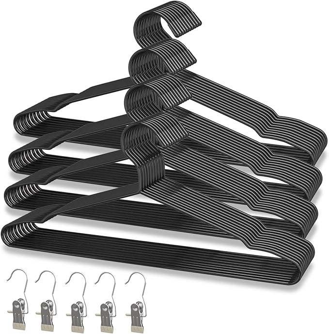 40Pack+5 Clips Luxurious Hanger Set ，16.69" Heavy Duty Matte Black Metal HangersWithstands 50lbs Weight Smooth Powder Coated Finish Compact Shirt Hangers