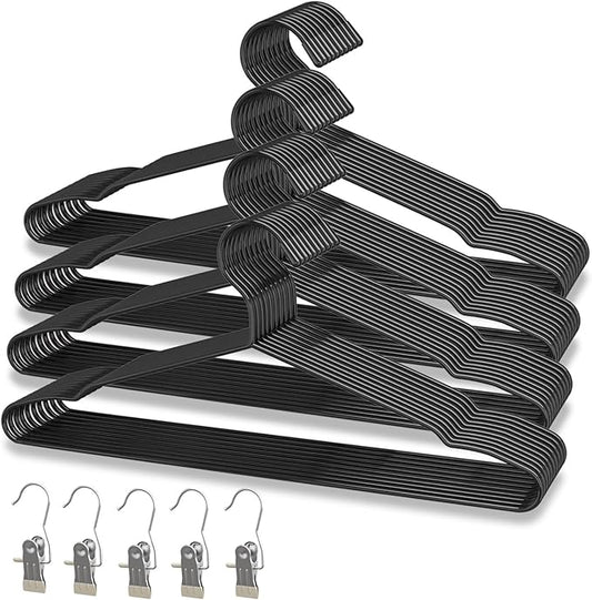 40Pack+5 Clips Luxurious Hanger Set ，16.69" Heavy Duty Matte Black Metal HangersWithstands 50lbs Weight Smooth Powder Coated Finish Compact Shirt Hangers