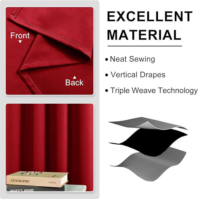 DWCN Red Curtain 63 Inches Long, 70 Wide Inch Blackout Drapes for Bedroom, Solid Thermal Living Room Panels - Red, W70 x L63 Inch, Set of 2