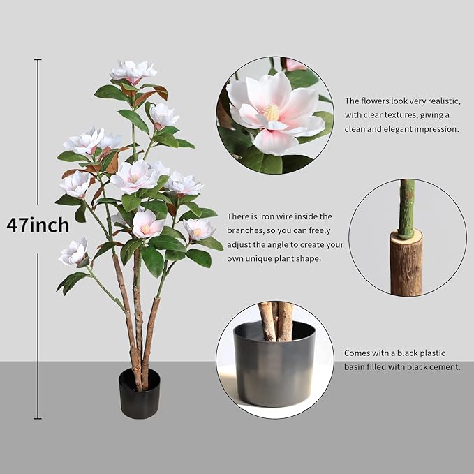 Artificial Magnolia Tree, 4FT Faux Potted Plant, 48 Inch Fake Magnolia Tree with Realistic Flowers Leaves and Adjustable Branches