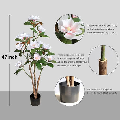 Artificial Magnolia Tree, 4FT Faux Potted Plant, 48 Inch Fake Magnolia Tree with Realistic Flowers Leaves and Adjustable Branches