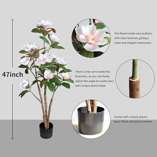 Artificial Magnolia Tree, 4FT Faux Potted Plant, 48 Inch Fake Magnolia Tree with Realistic Flowers Leaves and Adjustable Branches