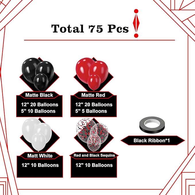 Red Black and White Balloons, 75PCS Red and Black Balloons, 12in and 5in Red White and Black Latex Party Balloons for Casino Theme Party, New Years, Graduation Decorations