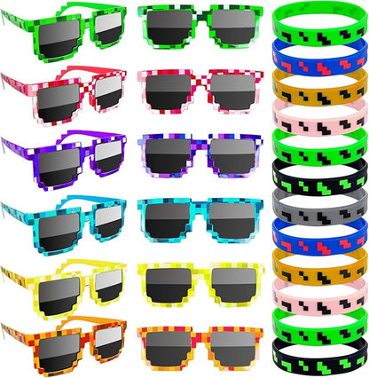 24Pack Pixel Theme Party Favors, 12 Sunglasses and 12 Bracelets for Kids Adults Birthday Party Decorations Supplies