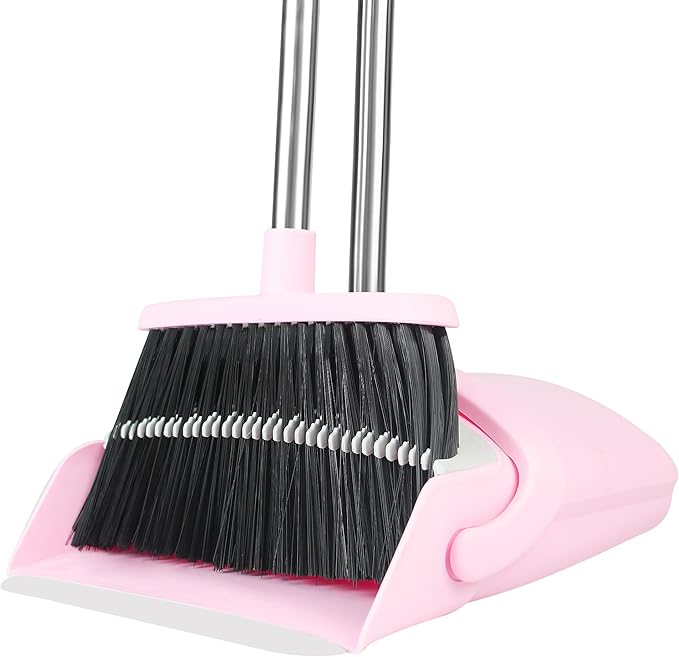 Broom and Dustpan Set, Broom with Dustpan Combo Set for Home 54-in Long Adjustable Handle Dustpan Teeth to Clean Hair for Home Office Kitchen Lobby(Pink)