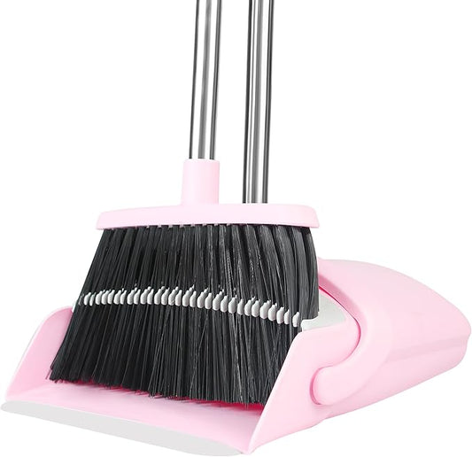 Broom and Dustpan Set, Broom with Dustpan Combo Set for Home 54-in Long Adjustable Handle Dustpan Teeth to Clean Hair for Home Office Kitchen Lobby(Pink)
