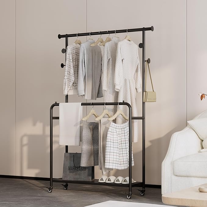 Sturdy Metal Double Rods Clothes Rack With Wheels, Rolling Clothing Rack With Shelves & Hooks, Heavy Duty Garment Racks for Hanging Clothes, Multi-Functional Closet Rack for Bedroom