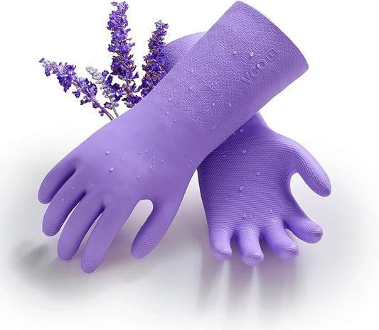 Vgo... 1 Pair Household Cleaning Gloves Infused with Rresh Rich Aromas, Lined Dishwashing Gloves,Long Sleeves Kitchen Gloves, Bathroom Cleaning, Gardening, Pet Care(Violet,Size L,TP1117)
