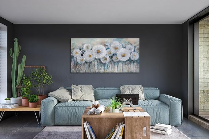 Acocifi Floral Canvas Wall Art for Living Room Dandelion Picture Large Flower Bedroom Painting 60% Handmade Textured, Grey Vintage Artwork Framed for Dining Room Office Home Decor 48"x24"
