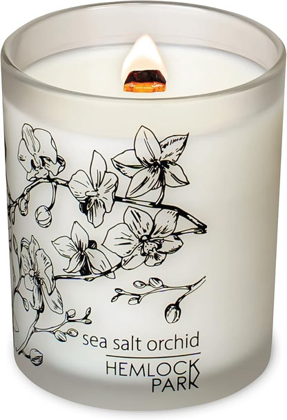 Hemlock Park Frosted Jar Wood Wick Candle Handcrafted with Natural Coconut Wax (Standard 7.2 oz, Sea Salt Orchid)
