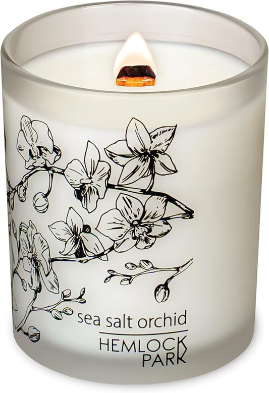 Hemlock Park Frosted Jar Wood Wick Candle Handcrafted with Natural Coconut Wax (Standard 7.2 oz, Sea Salt Orchid)