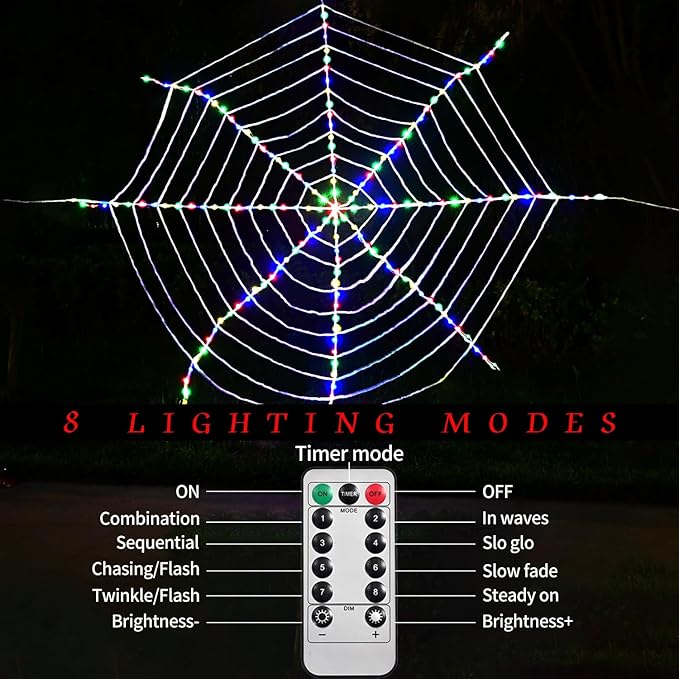 184 LED Spider Web Lights Halloween Decor, 3.6 m Giant Round Net Lights with Remote Control - 8 Modes & Timer for Garden Indoor - Colorful