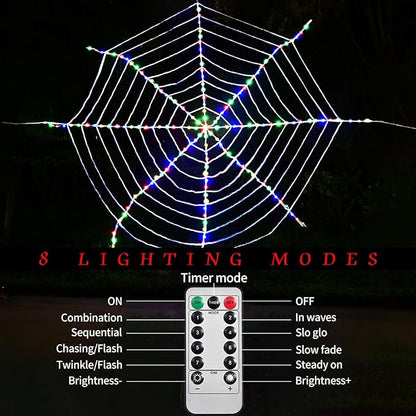 184 LED Spider Web Lights Halloween Decor, 3.6 m Giant Round Net Lights with Remote Control - 8 Modes & Timer for Garden Indoor - Colorful