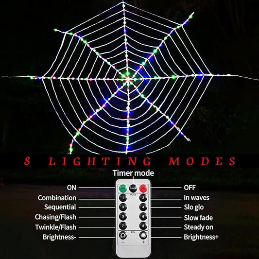 184 LED Spider Web Lights Halloween Decor, 3.6 m Giant Round Net Lights with Remote Control - 8 Modes & Timer for Garden Indoor - Colorful