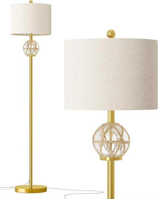 Oneach 61.5” Modern Floor Lamp for Living Room, Gold Boho Standing Lamp with Rattan Glass Design, Rotary Switch, Farmhouse Tall Lamps for Bedroom Office Dining Room (Without Bulb)