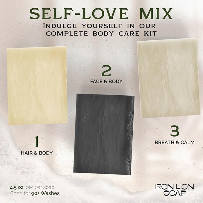 ILS Soap co - Self Love (Unscented Shea/Activated Charcoal/Tea Tree and Mint) All Natural Bar Soap for All Skin Types - Plant Based, Cold Process and Handmade in the USA (3 Pack)