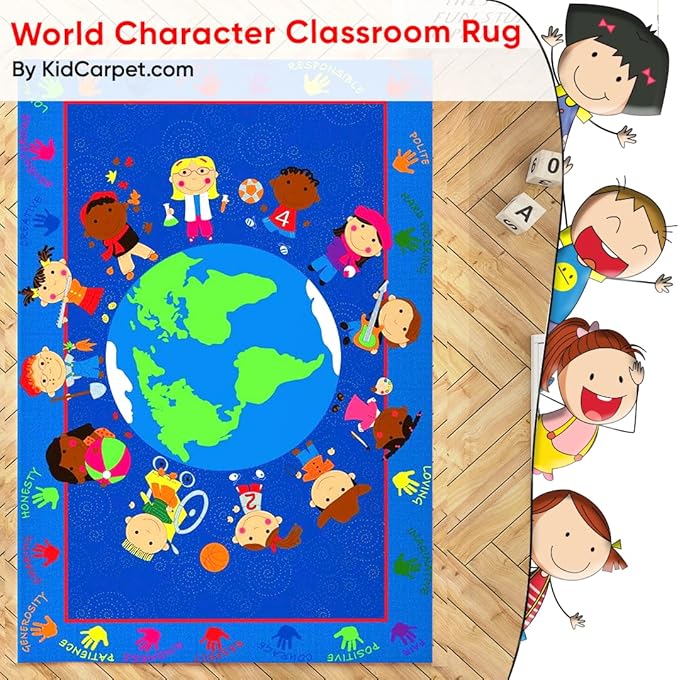 World Character Classroom Rug, 7'6" x 12' Rectangle, Educational Classroom Rug, Kids Learning Play Mat | Area Rug for Bedroom or Playroom
