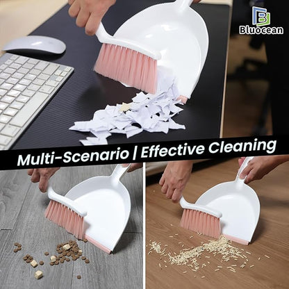 Mini Broom and Dustpan, Plus an Adhesive Hook Set, 7" Dustpan Opening, Bristles for Hair and Small Debris, Mini Portable Hand Brush for Pet, Sofa, Desk, Kitchen(White & Blush Pink)