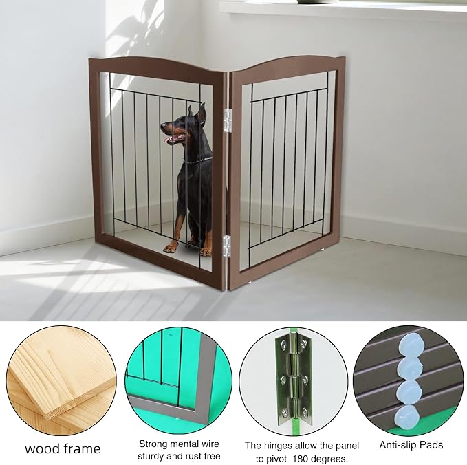 ZJSF Freestanding Foldable Dog Gate for House Extra Wide Wooden Indoor Puppy Gate Stairs Doorways Pet Gate Tall Dog Fence 2 Panels Fence Brown