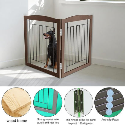 ZJSF Freestanding Foldable Dog Gate for House Extra Wide Wooden Indoor Puppy Gate Stairs Doorways Pet Gate Tall Dog Fence 2 Panels Fence Brown