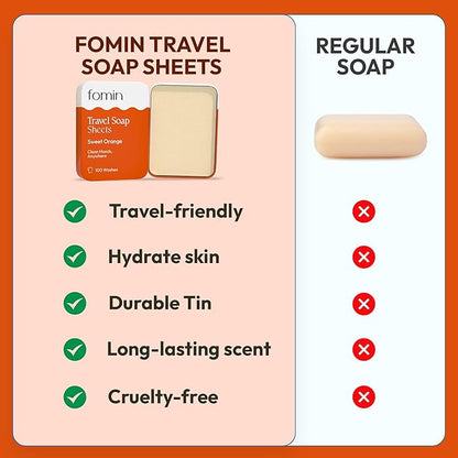 FOMIN - Antibacterial Paper Soap Sheets Tin for Traveling - (100 Sheets) Orange Portable Travel Hand Soap Sheet, Dissolvable Mini Camping Hand Soap for Hand Washing