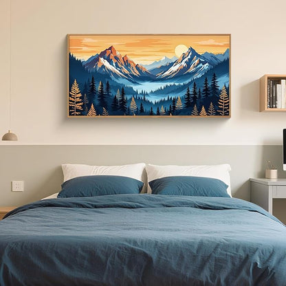 HLNIUC Boho Abstract Blue Orange Mountain Wall Art Framed, Large Pine Tree Ridge Wall Decor (20"x40"), Sunset Forest Landscape Canvas Painting, Nature Prints for Living Room, Bedroom, Office