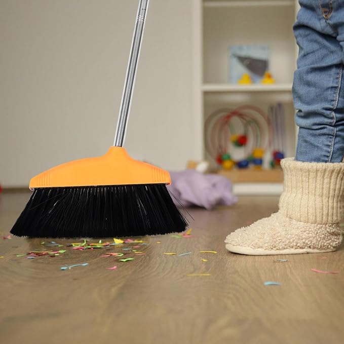 Gatuida Soft Bristle Angle Broom with Dustpan Set Long Handle Floor Broom for Pet Hair and Garage Cleaning for Indoor Kitchen and Outdoor Use Orange