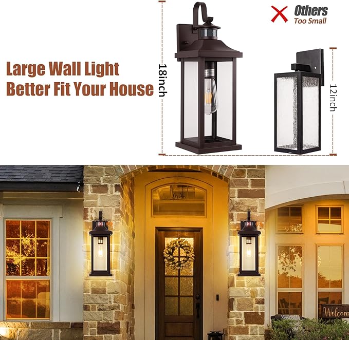 1-Pack 18 Inch Oil Rubbed Bronze Motion Sensor Outdoor Wall Lantern IP65 Waterproof, Large Brown Dusk to Dawn Outdoor Light for House Clear Glass Outside Wall Mounted Lamps Front Door