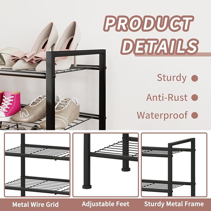 3 Tier Shoe Rack for Closet,Adjustable Metal Shoe Storage Organizer Utility Shelf for Entryway, Dorm Room,Bedroom,Heavy Duty Shelf (Black, 3 Tier)