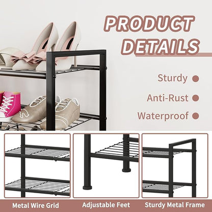 3 Tier Shoe Rack for Closet,Adjustable Metal Shoe Storage Organizer Utility Shelf for Entryway, Dorm Room,Bedroom,Heavy Duty Shelf (Black, 3 Tier)