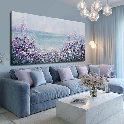 GAIDUOMAI Large Landscape Wall Art for Living Room Purple Flowers Pictures Wall Decor Blue Coastal Canvas Prints Modern Artwork for Bedroom Dining Room 29x58 Inch