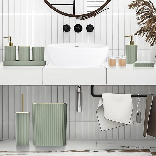 Bathroom Accessories Set - Gorgeous Bathroom Set, 10PC Sage Green Bathroom Accessory Set, Toilet Brush, Trash Can & Soap Dispenser
