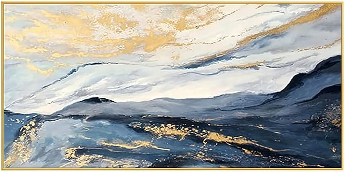 Large Blue and Gold Abstract Canvas Wall Art for Living Room, Framed Mountain Blue Oil Painting for Bedroom,Modern Landscape Office Wall Decor Ready to Hang 28x56 Inches