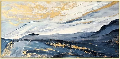 Large Blue and Gold Abstract Canvas Wall Art for Living Room, Framed Mountain Blue Oil Painting for Bedroom,Modern Landscape Office Wall Decor Ready to Hang 28x56 Inches
