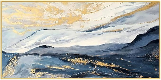Large Blue and Gold Abstract Canvas Wall Art for Living Room, Framed Mountain Blue Oil Painting for Bedroom,Modern Landscape Office Wall Decor Ready to Hang 28x56 Inches