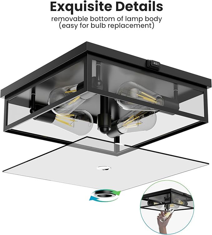 Caftersmark Outdoor Ceiling Light with Motion Sensor, Flush Mount Porch Ceiling Light, lear Glass with Dusk to Dawn 4-Light Close to Ceiling Light Fixture for Patio,Porch,Garage(14 in)