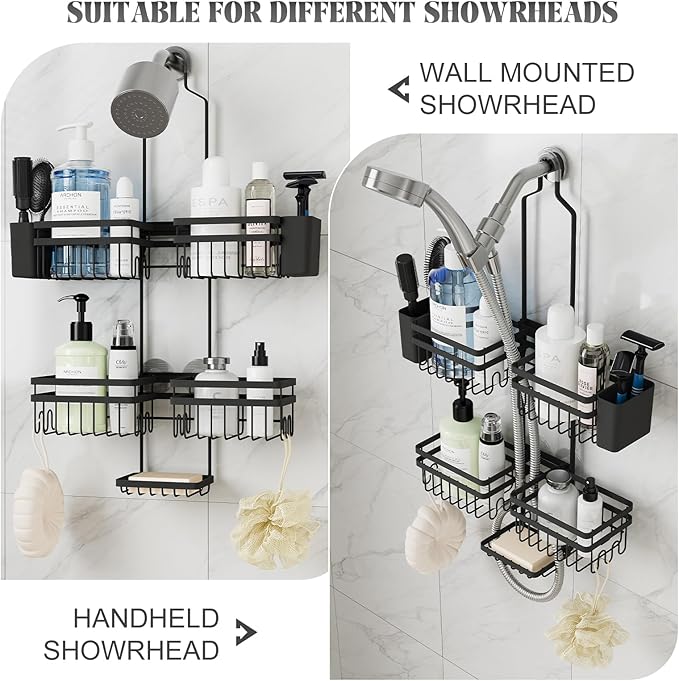 Shower Caddy Hanging for Bathroom Organizers and Storage - 3-Tier Adjustable Anti-Swing Shower Organizer for Handheld Showerhead with Heavy-Duty Suction Cups, Damage-Free Rustproof (Black)