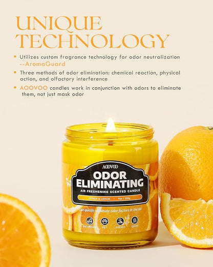 AOOVOO Citrus Lemon Odor Eliminating Highly Fragranced Candle - Eliminates 95% of Pet, Smoke, Food, and Other Smells Quickly, Air Freshing Soy Candle, 9 oz