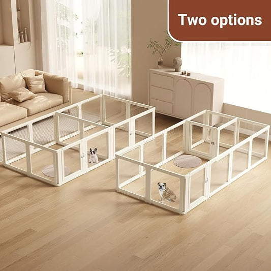 Transparent 14-Panel Dog Playpen, Acrylic Indoor/Outdoor Puppy Pen for Small & Medium Dogs, 24 Inch with Door, White(Fully Transparent 97 * 50 Two Rooms,24 inch)