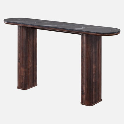 OKD 63 Inch Modern Console Table with Arc Marble Texture Top, Fluted Wood Base, Contemporary Entryway Sofa Table for Living Room, Hallway, Foyer, Dark Walnut