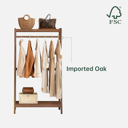 Solid Wood Clothes Rack, Clothing Rack with 2 Shelves Storage, Floor-Standing Coat Rack for Bedroom, Living Room, Entryway,Walnut