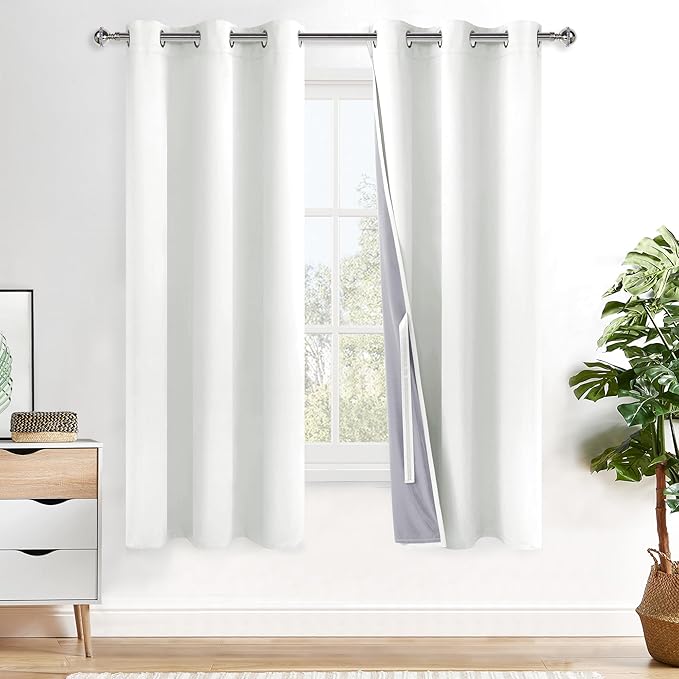 XWZO 100% Blackout Curtains 63 Inches Length with Tiebacks- Heat and Light Blocking Ring Top Window Drapes with Black Liner Backing for Bedroom/Kid's Room, Ivory, W38 x L63, Set of 2 Panels