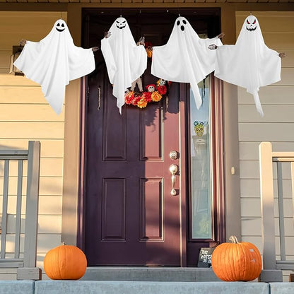 4PCS Hanging Ghosts Halloween Decorations with Skeleton Hands, Spooky Expression for Front Porch and Tree