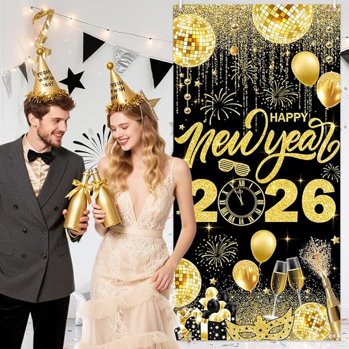 2026 Happy New Year Banner Black and Gold Photography Background New Years Eve Party Decoration Backdrop Holiday Party Hanging Poster Background Banner 35.4x70.8 inch