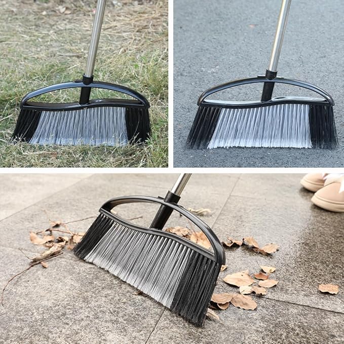 15.7" Wide Angle Heavy Duty Broom, All-Surface Outdoor Sweeper with Long Handle & Stiff Bristles for Patio, Garage, Yard (Black)