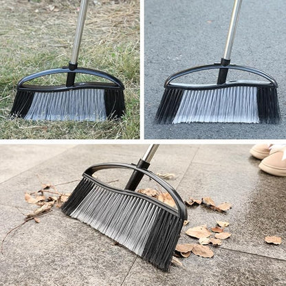 15.7" Wide Angle Heavy Duty Broom, All-Surface Outdoor Sweeper with Long Handle & Stiff Bristles for Patio, Garage, Yard (Black)