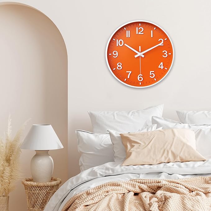 HZDHCLH Wall Clocks Battery Operated,Wall Clock Orange,8 inch Wall Clock Silent Non Ticking Modern 3D Numbers for Kitchen Bedroom Living Room Office Classroom Decor