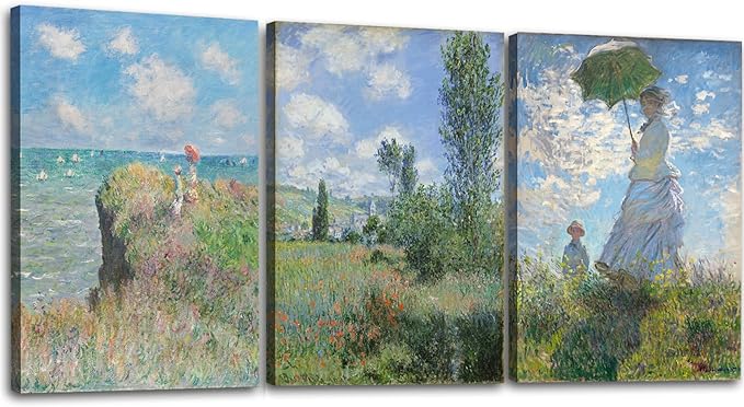 OKEXCKK Woman with a Parasol by Claude Monet - Oil Painting Impressionism Canvas Print Wall Art - Classic Artwork Pictures - 16"x24"x3 Panel