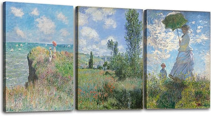 OKEXCKK Woman with a Parasol by Claude Monet - Oil Painting Impressionism Canvas Print Wall Art - Classic Artwork Pictures - 16"x24"x3 Panel