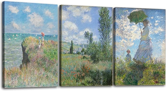 OKEXCKK Woman with a Parasol by Claude Monet - Oil Painting Impressionism Canvas Print Wall Art - Classic Artwork Pictures - 16"x24"x3 Panel